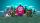 Cartoon drawing of a three-eyed pink monster and two human figures in front of a landscape of trees, buildings and mountains.
